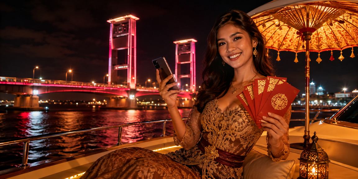 Amplop merah bonus dengan latar belakang lampu neon berwarna cerah di malam hari
