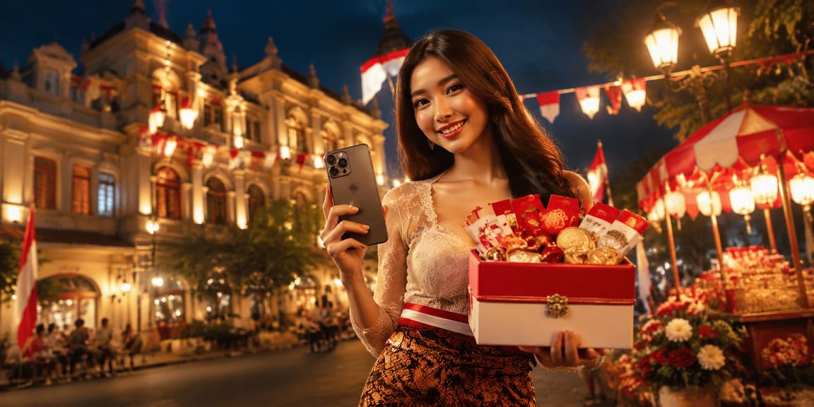 Amplop merah bonus di pasar malam dengan suasana perayaan dan lampu berwarna-warni