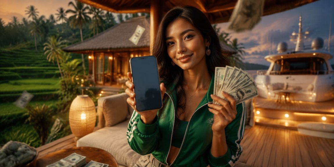 Model Vietnam memegang hadiah cashback bonus dengan ekspresi gembira dan percaya diri