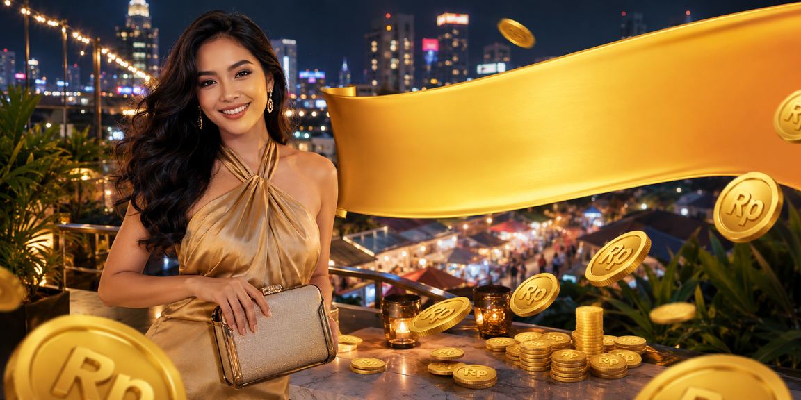 Suasana malam pasar tradisional dengan banner cashback bonus berwarna cerah