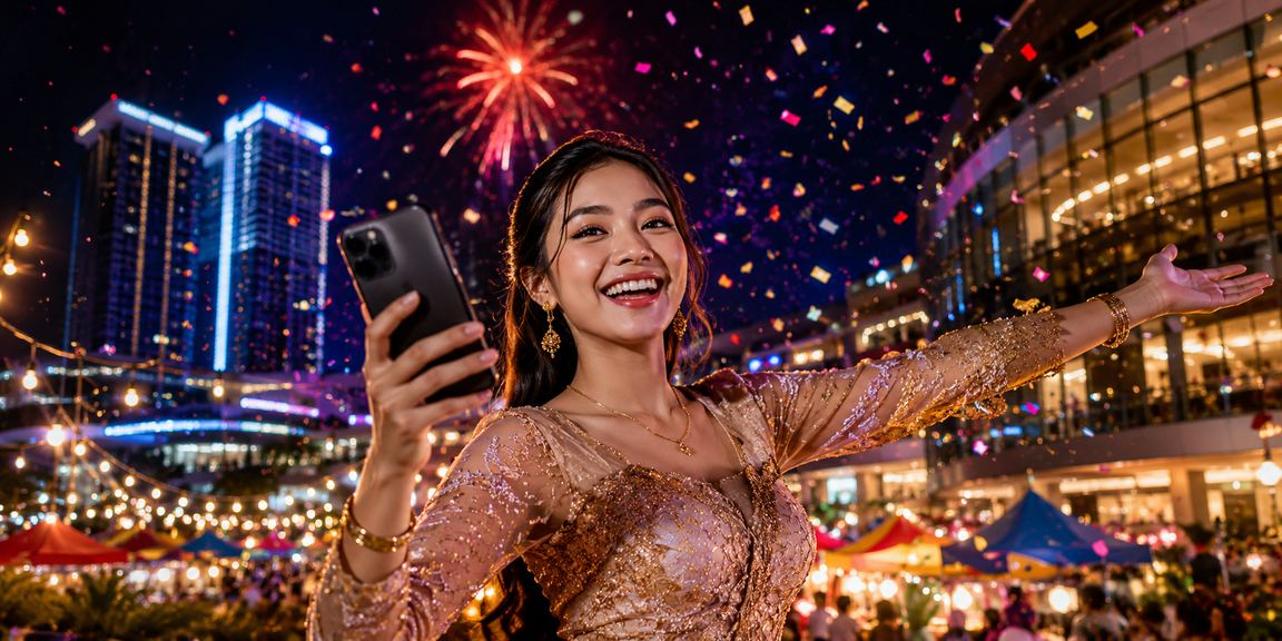 Pemain mengakses platform casino mobile di pasar malam dengan suasana ramai dan berwarna