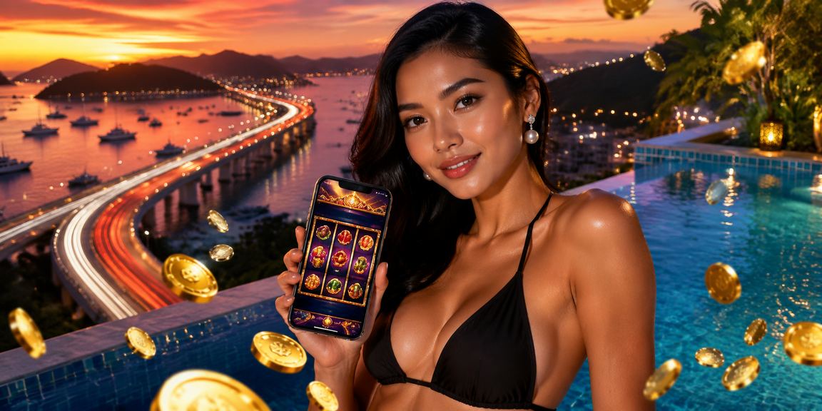 Model Vietnam memainkan slot game dengan ekspresi antusias dan layar penuh warna